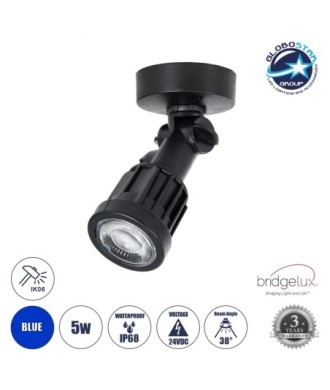 GLOBOSTAR® GARDENINI 61548 Φωτιστικό Σποτ LED 5W 550lm 38° DC 24V Αδιάβροχο IP68 Μπλε Dimmable - Lumileds SMD Chip - Μαύρο - Μ7 x Π7 x Υ14.5cm - 3 Χρόνια Εγγύηση